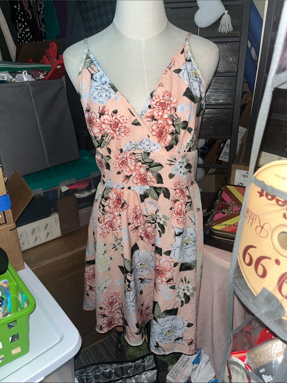 SHEIN Peach Floral Midi Dress with Pink & Blue Flowers